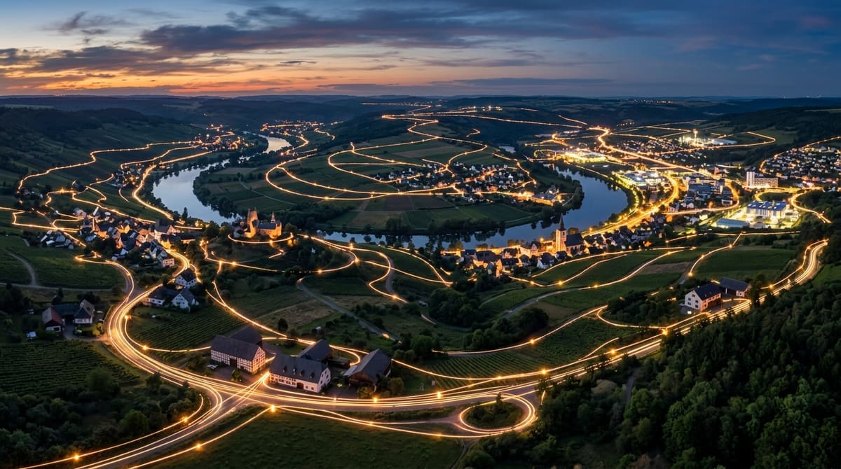 Eine Landschaft von oben mit Lichtlinien, die ein Netzwerk symbolisieren sollen.